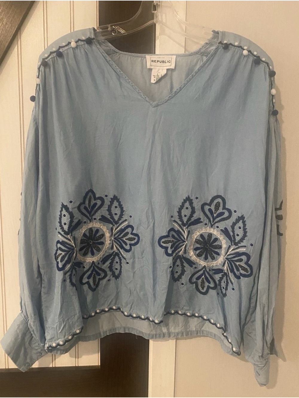 For The Republic Chambray Embroidered Beaded PomPom Blouse Blue Women Size Med